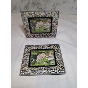 2x Green Tree Gallery Pearly Enamel & Rhinestones Shabby Chic Frames 3.5"x2.5"